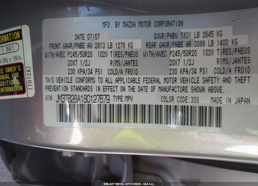 2008 MAZDA CX-9 VIN: JM3TB28A180127679
