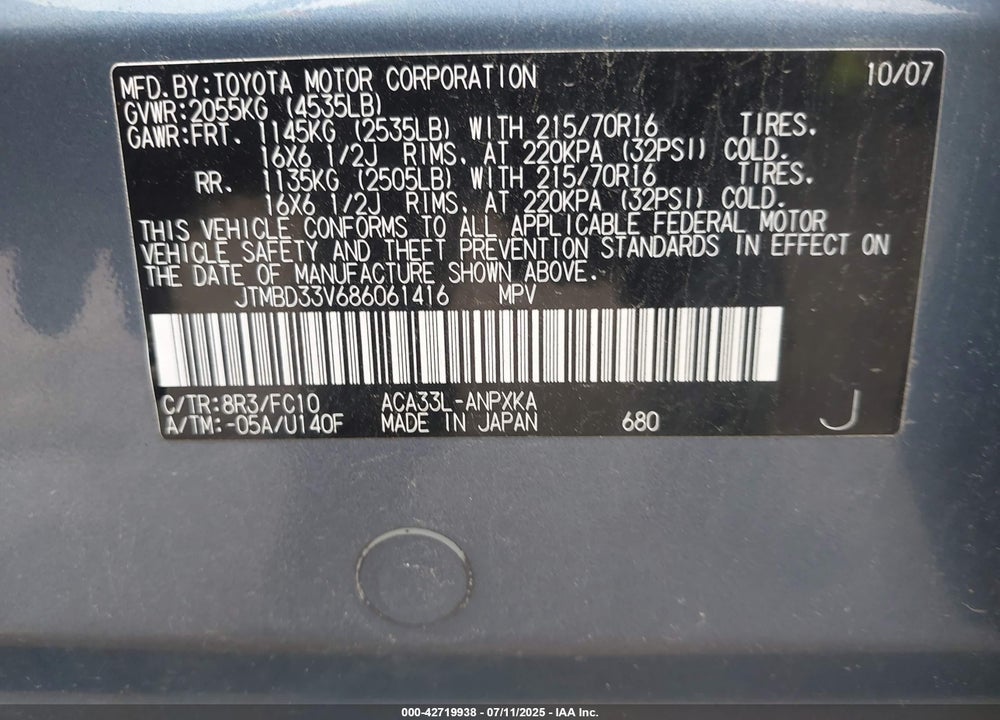 2008 TOYOTA RAV4 VIN: JTMBD33V686061416