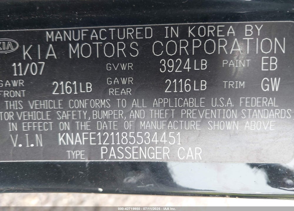 2008 KIA SPECTRA VIN: KNAFE121185534451