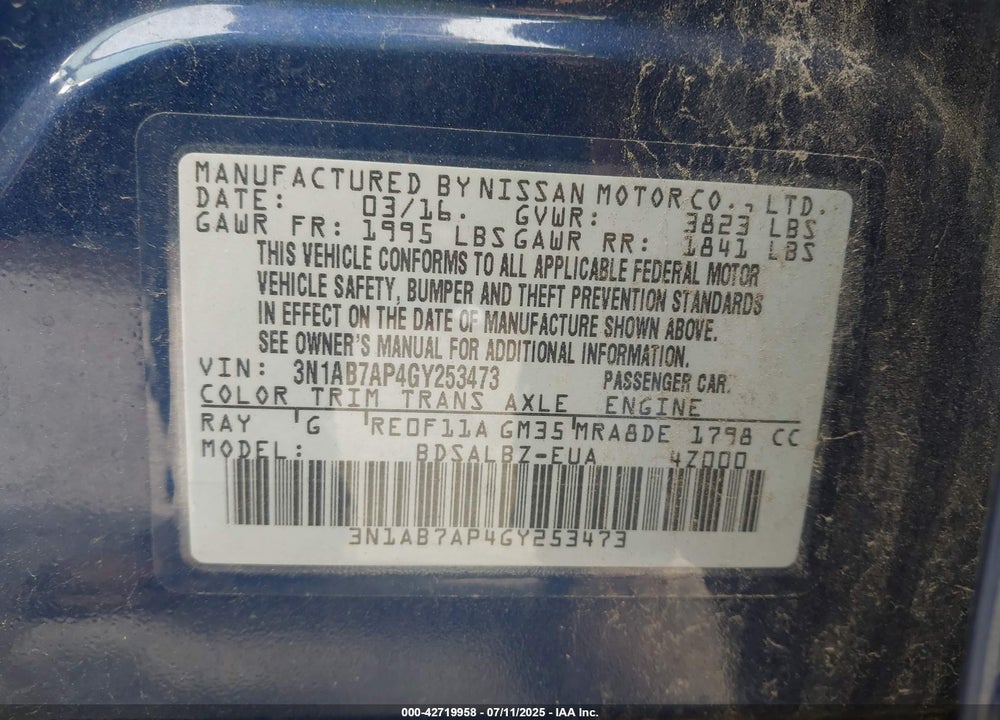 2016 NISSAN SENTRA VIN: 3N1AB7AP4GY253473
