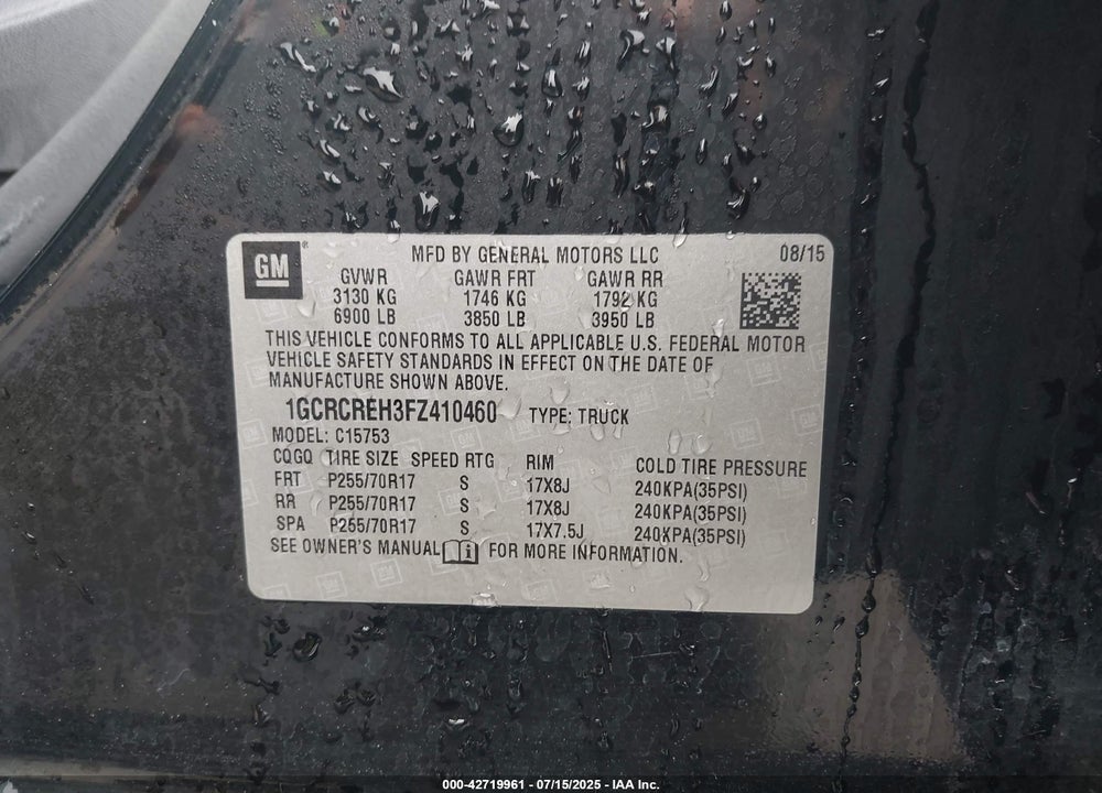 2015 CHEVROLET SILVERADO 1500 VIN: 1GCRCREH3FZ410460