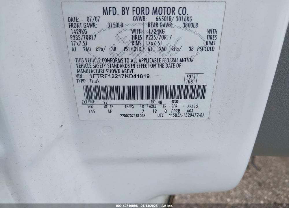 2007 FORD F-150 STX/XL/XLT VIN: 1FTRF12217KD41819