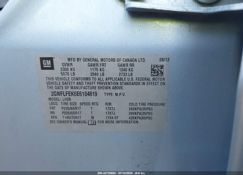 2014 CHEVROLET EQUINOX VIN: 2GNFLFEK6E6104819