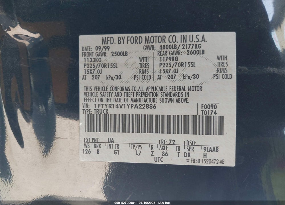 2000 FORD RANGER XL/XLT VIN: 1FTYR14V1YPA22886