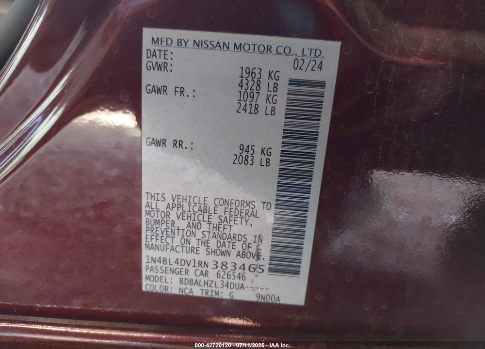 2024 NISSAN ALTIMA VIN: 1N4BL4DV1RN383465