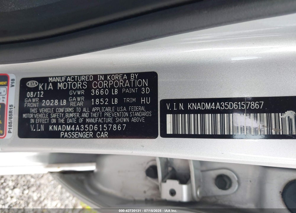 2013 KIA RIO VIN: KNADM4A35D6157867