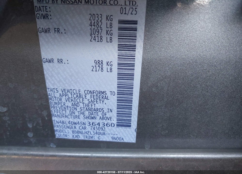 2025 NISSAN ALTIMA VIN: 1N4BL4DW4SN364360
