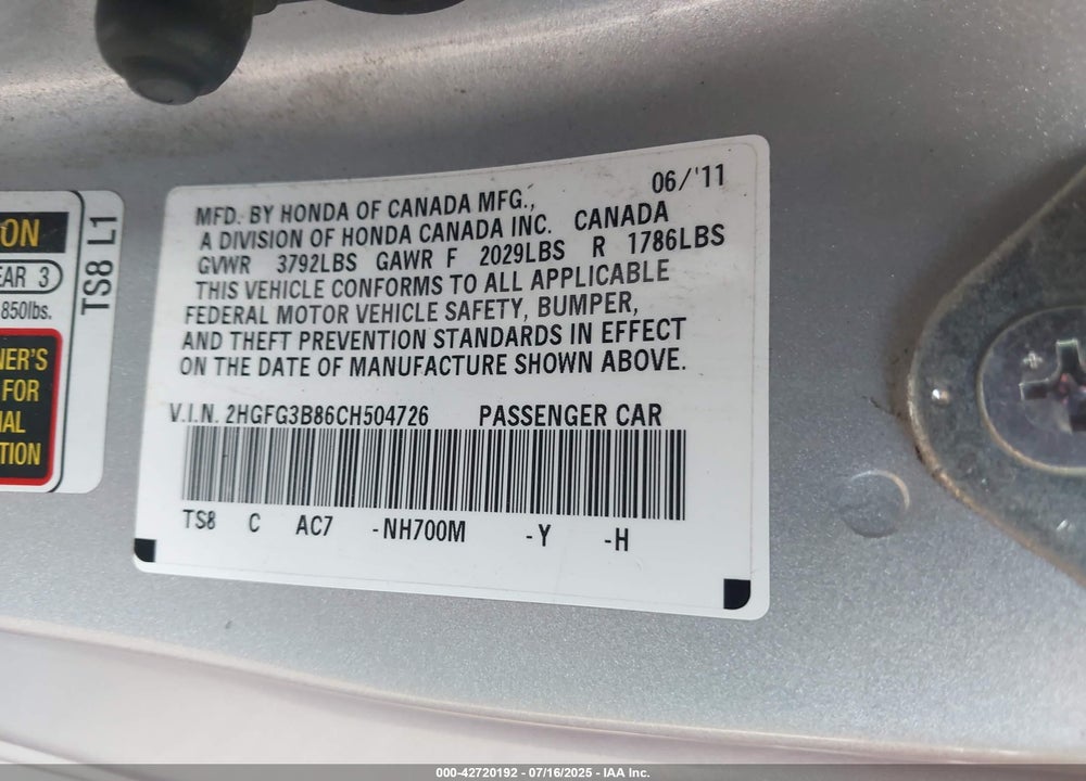 2012 HONDA CIVIC VIN: 2HGFG3B86CH504726
