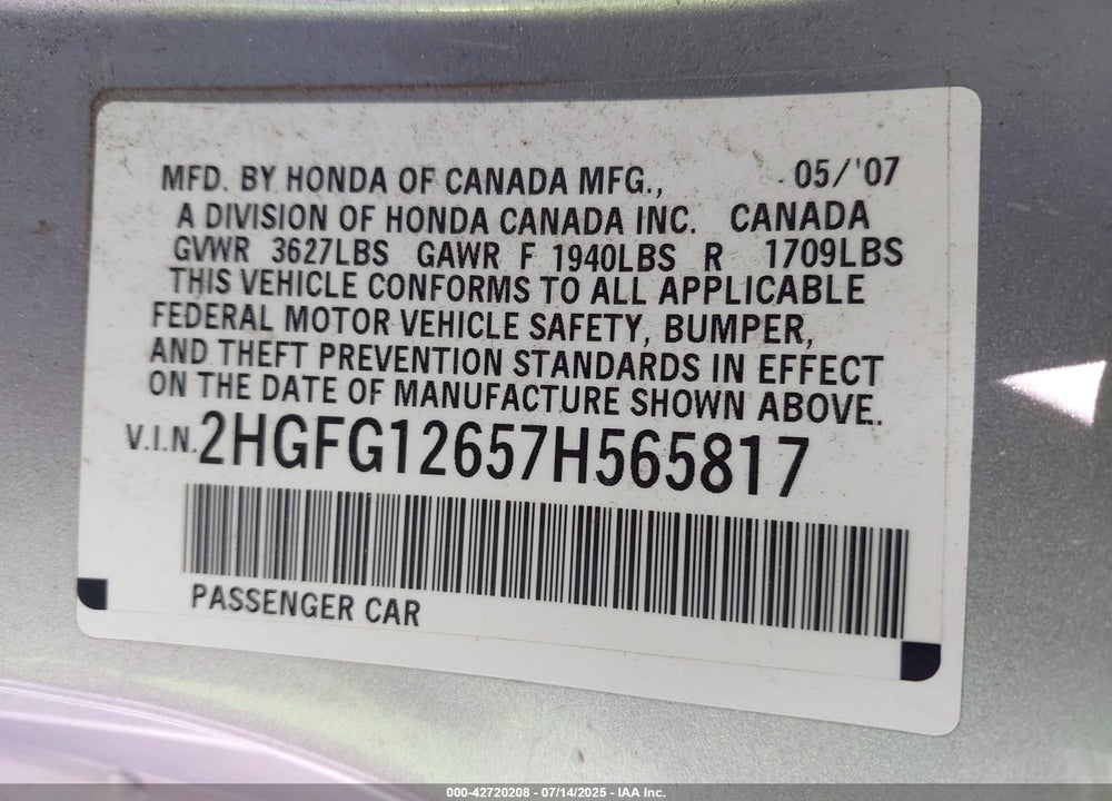 2007 HONDA CIVIC LX VIN: 2HGFG12657H565817