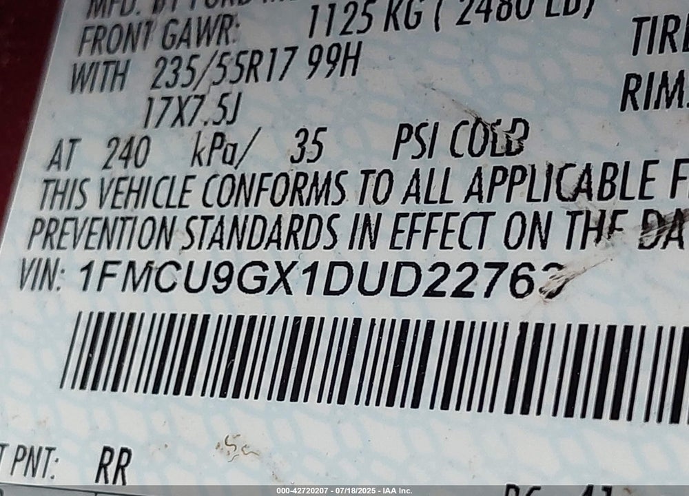 2013 FORD ESCAPE VIN: 1FMCU9GX1DUD22763