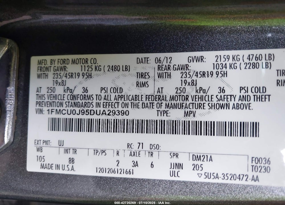 2013 FORD ESCAPE VIN: 1FMCU0J95DUA29390