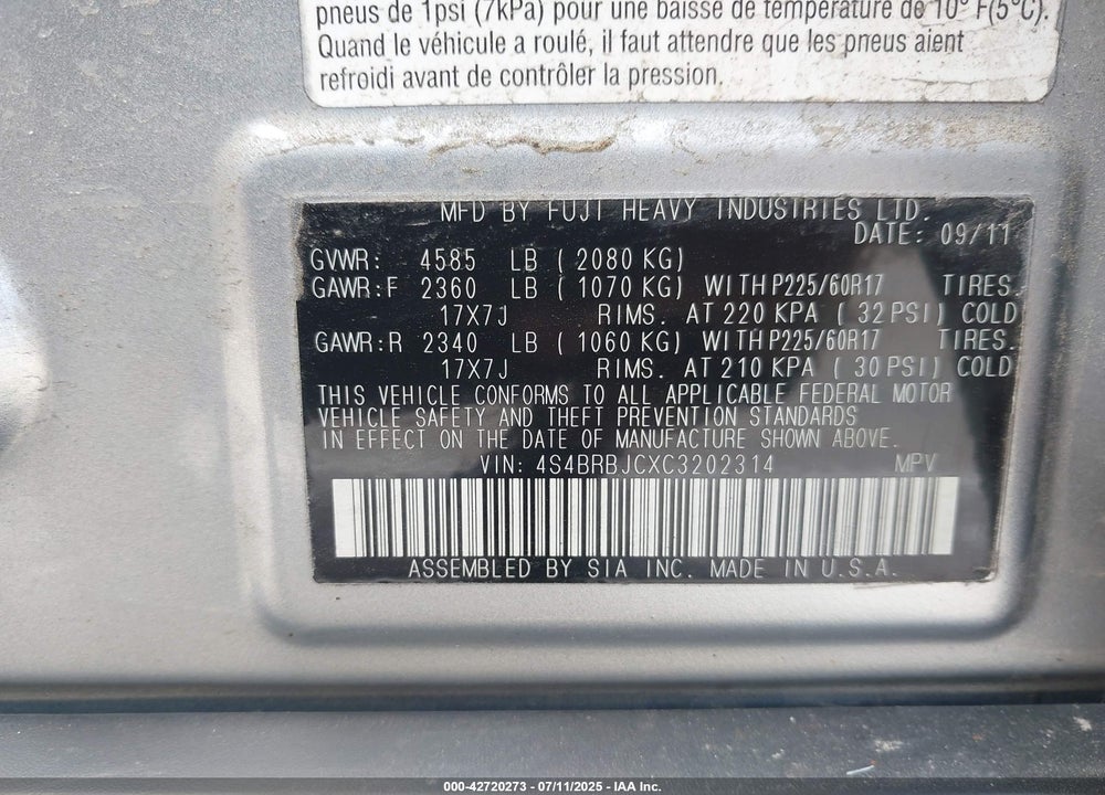 2012 SUBARU OUTBACK VIN: 4S4BRBJCXC3202314