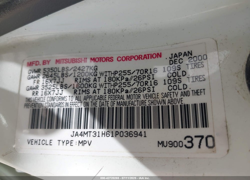 2001 MITSUBISHI MONTERO SPORT XLS VIN: JA4MT31H61P036941