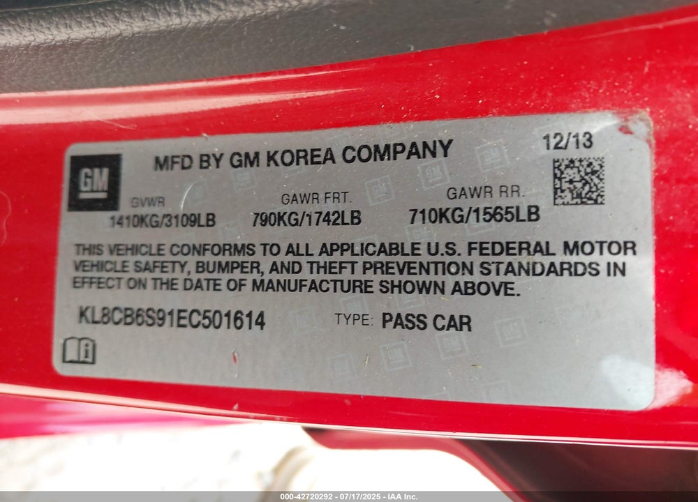 2014 CHEVROLET SPARK VIN: KL8CB6S91EC501614