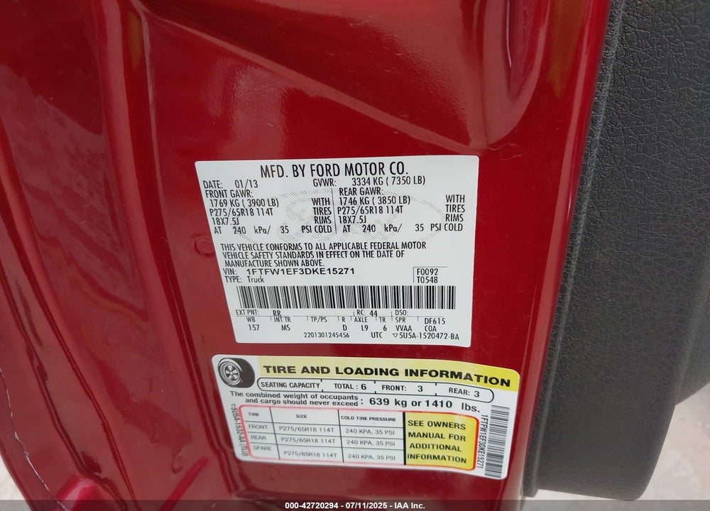 2013 FORD F-150 VIN: 1FTFW1EF3DKE15271