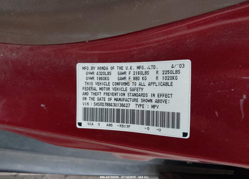 2003 HONDA CR-V EX VIN: SHSRD78843U138427