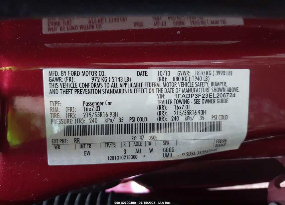 2014 FORD FOCUS VIN: 1FADP3F23EL206724