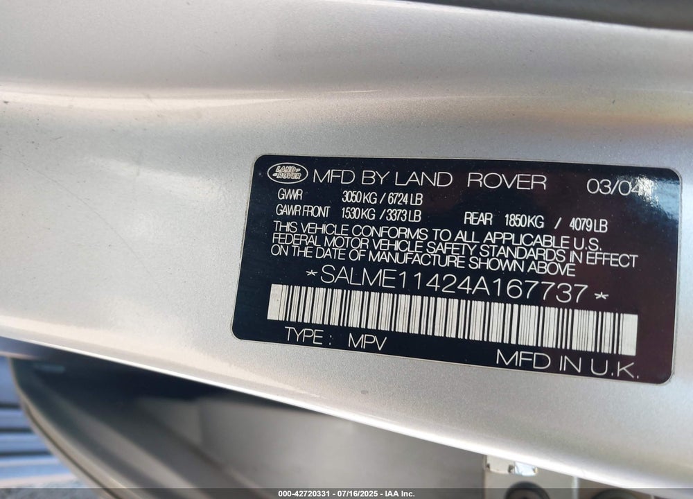 2004 LAND ROVER RANGE ROVER HSE VIN: SALME11424A167737