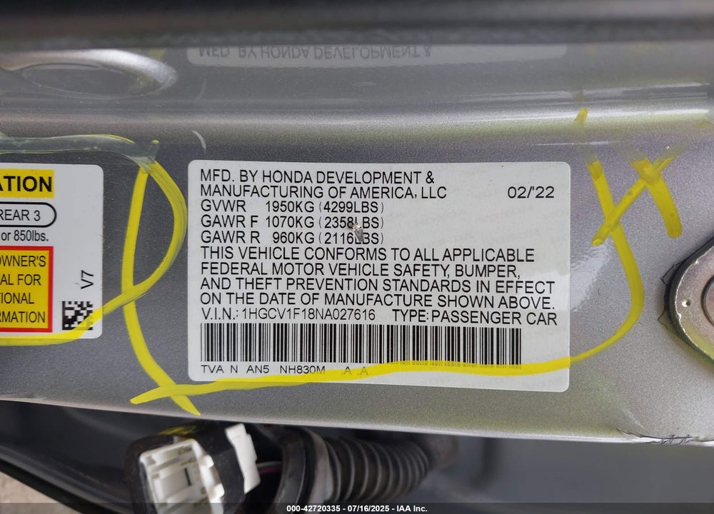 2022 HONDA ACCORD VIN: 1HGCV1F18NA027616