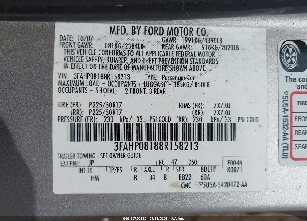 2008 FORD FUSION VIN: 3FAHP08188R158213