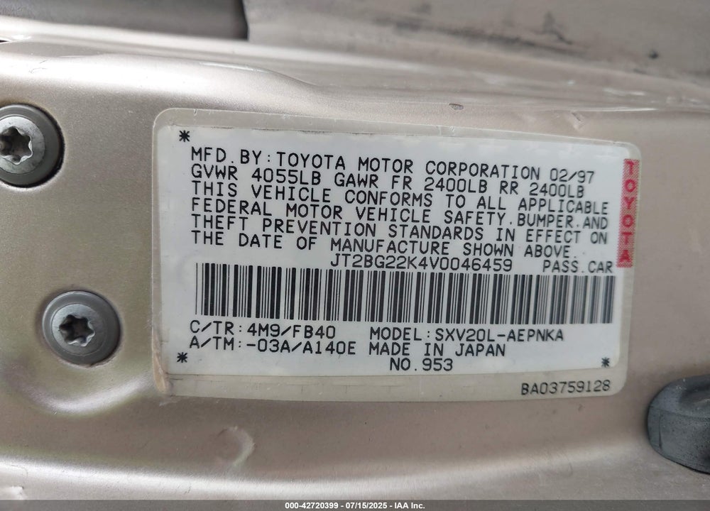 1997 TOYOTA CAMRY LE VIN: JT2BG22K4V0046459