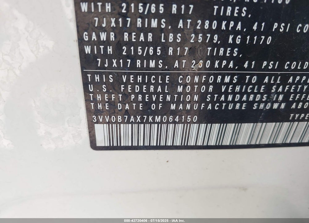 2019 VOLKSWAGEN TIGUAN VIN: 3VV0B7AX7KM064150