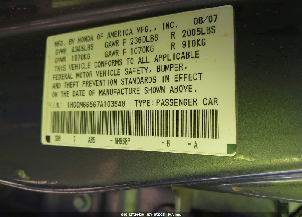 2007 HONDA ACCORD VIN: 1HGCM66567A103548