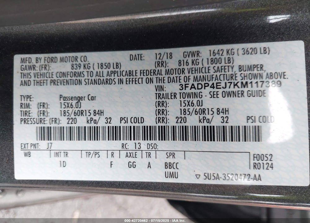 2019 FORD FIESTA VIN: 3FADP4EJ7KM117389