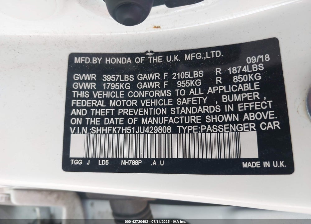 2018 HONDA CIVIC VIN: SHHFK7H51JU429808