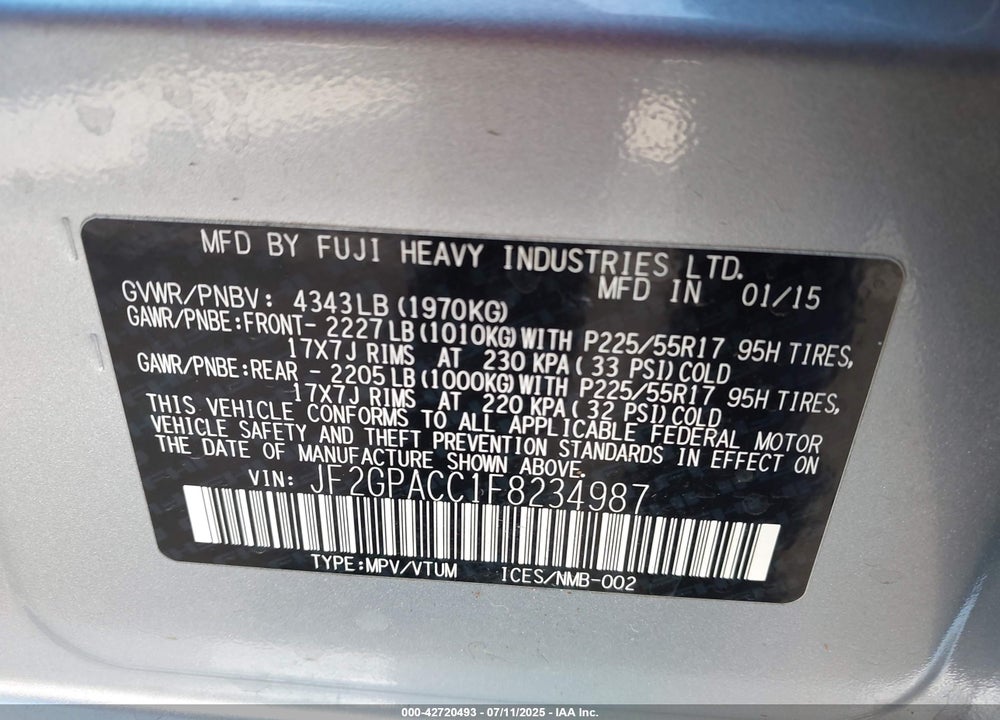 2015 SUBARU XV CROSSTREK VIN: JF2GPACC1F8234987
