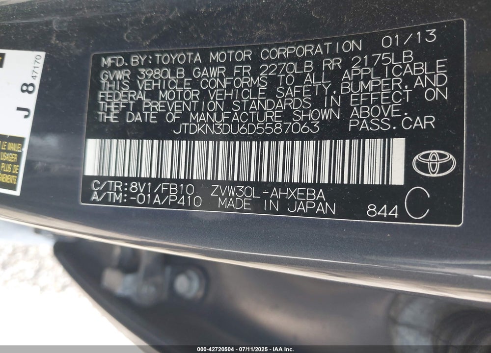 2013 TOYOTA PRIUS VIN: JTDKN3DU6D5587063