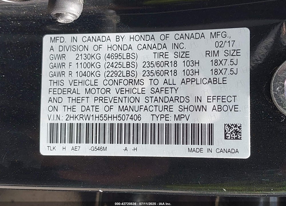 2017 HONDA CR-V VIN: 2HKRW1H55HH507406