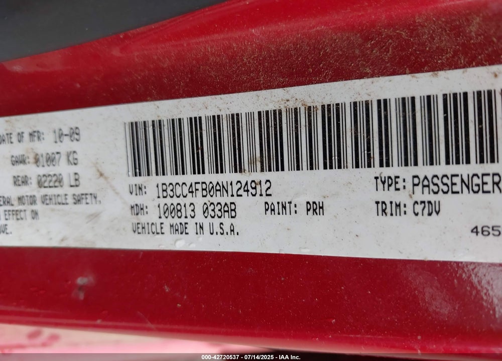 2010 DODGE AVENGER VIN: 1B3CC4FB0AN124912