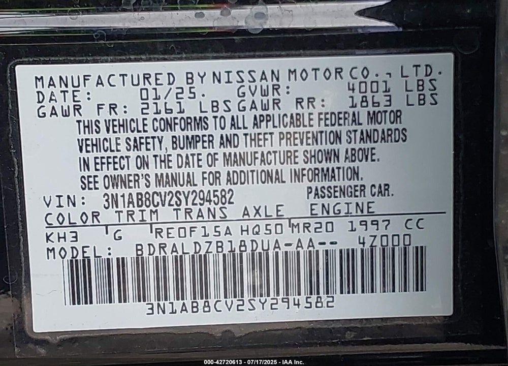 2025 NISSAN SENTRA SV VIN: 3N1AB8CV2SY294582