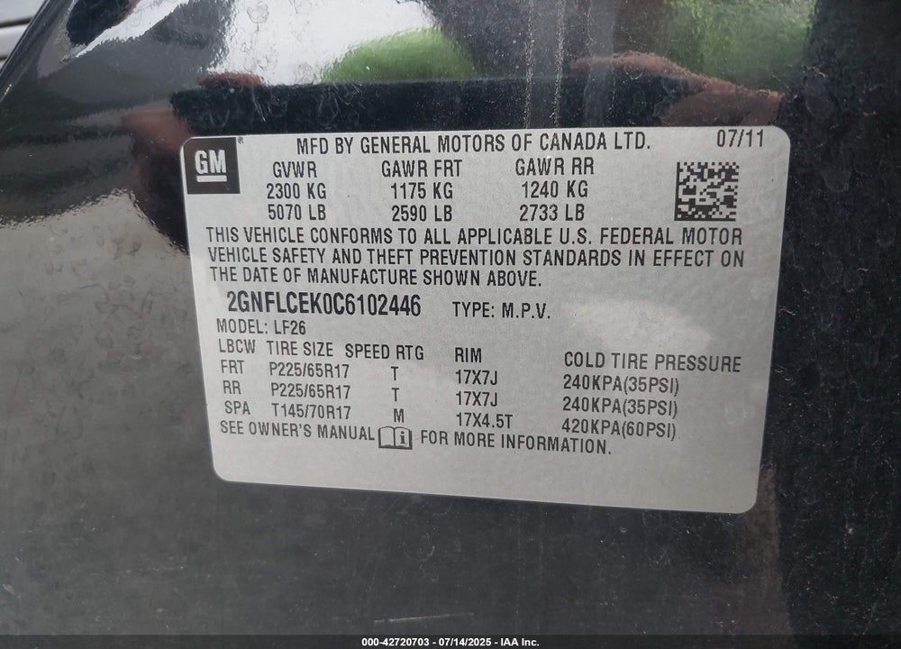 2012 CHEVROLET EQUINOX VIN: 2GNFLCEK0C6102446