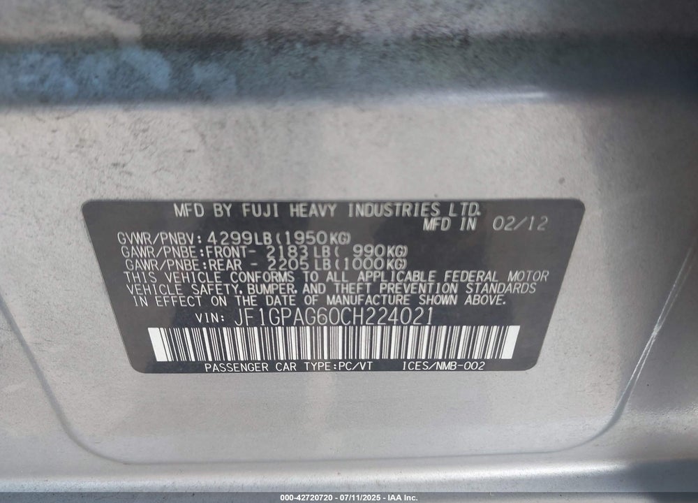 2012 SUBARU IMPREZA VIN: JF1GPAG60CH224021