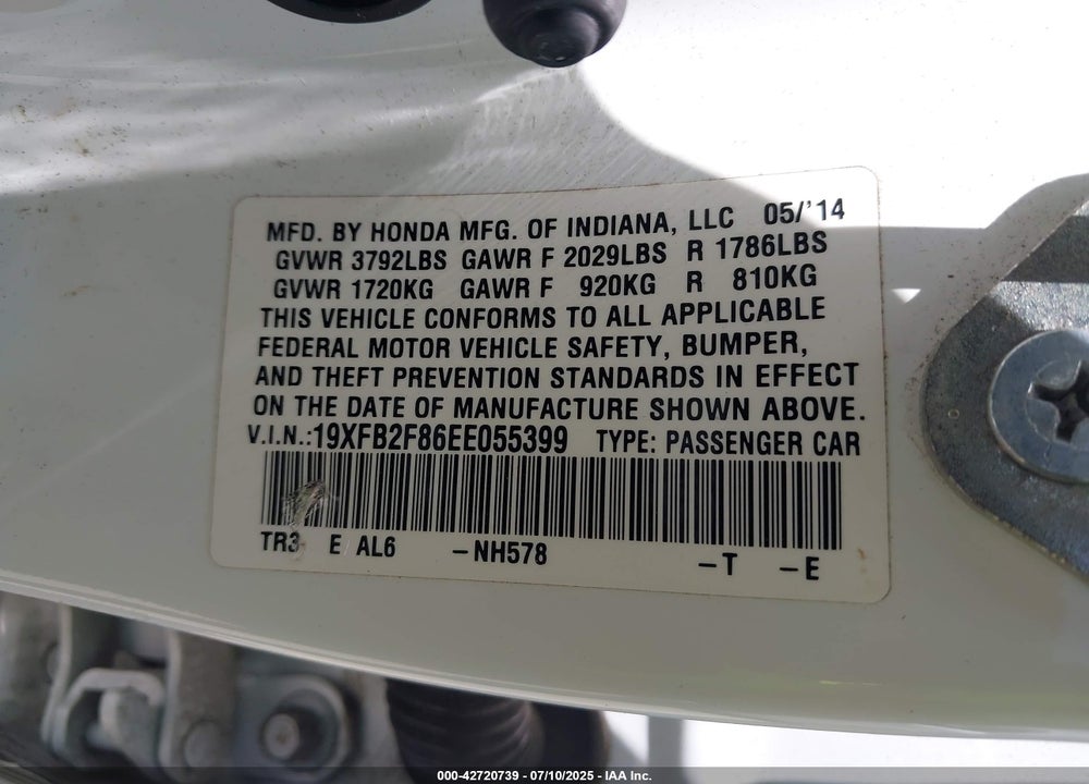 2014 HONDA CIVIC VIN: 19XFB2F86EE055399