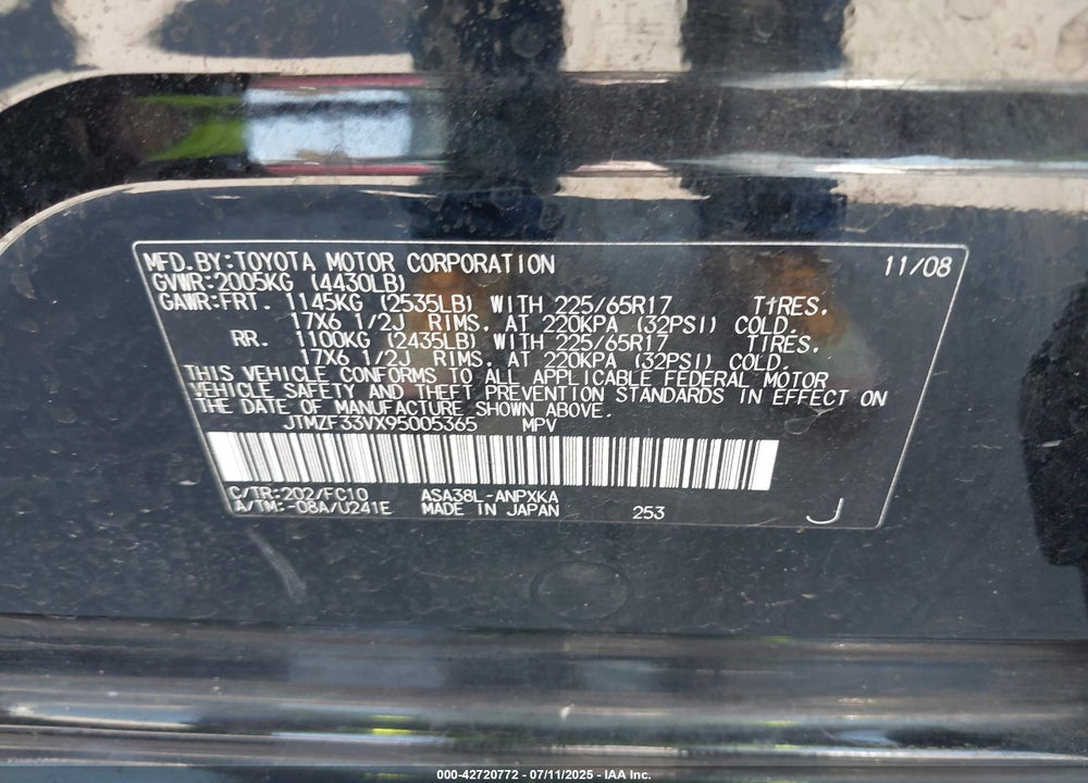2009 TOYOTA RAV4 VIN: JTMZF33VX95005365
