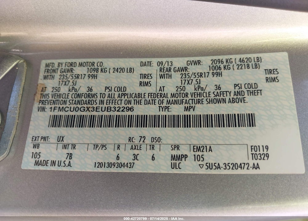 2014 FORD ESCAPE VIN: 1FMCU0GX3EUB32296