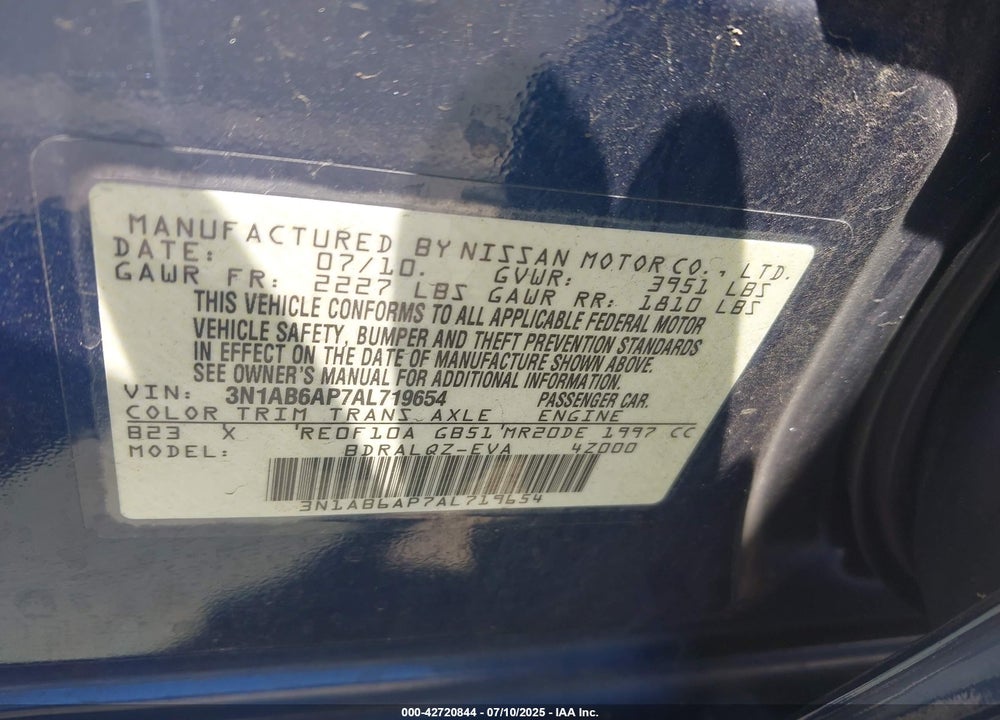 2010 NISSAN SENTRA VIN: 3N1AB6AP7AL719654
