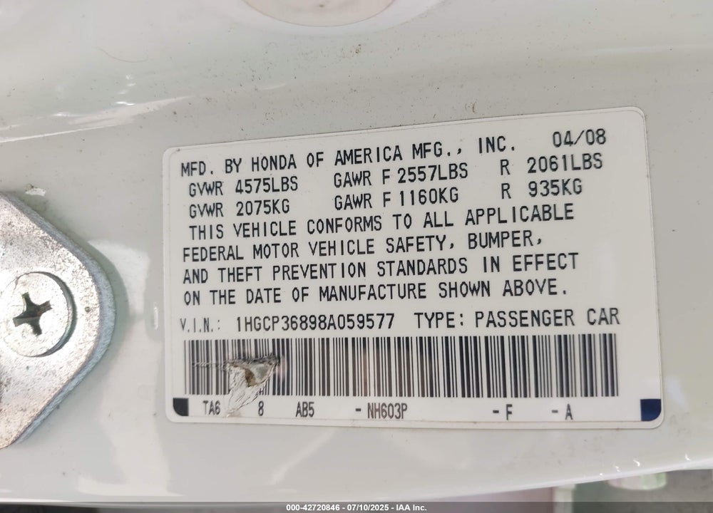 2008 HONDA ACCORD VIN: 1HGCP36898A059577