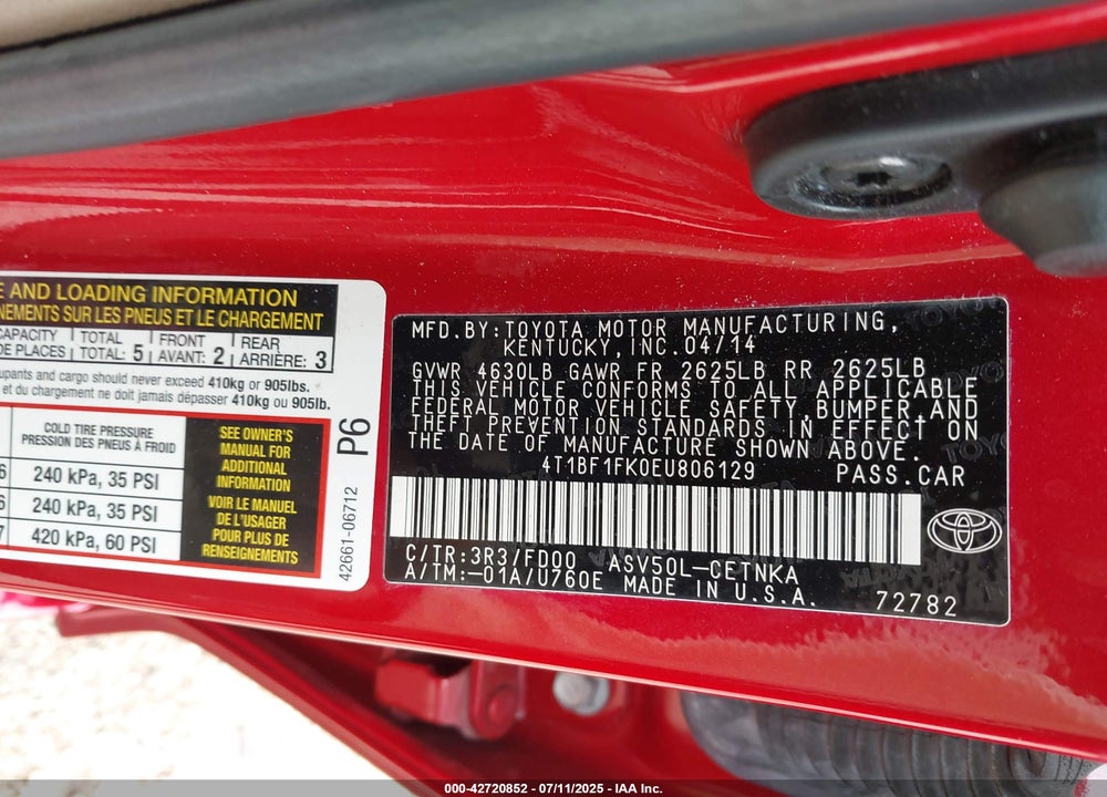 2014 TOYOTA CAMRY VIN: 4T1BF1FK0EU806129