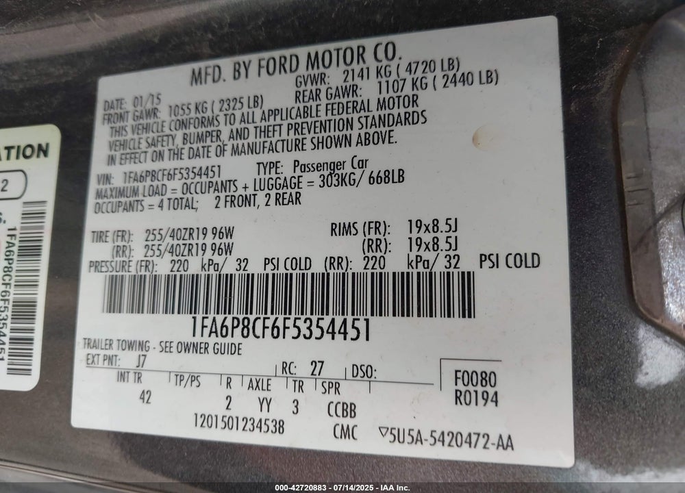 2015 FORD MUSTANG GT PREMIUM VIN: 1FA6P8CF6F5354451