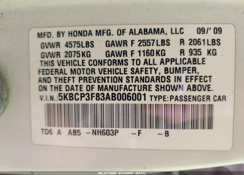 2010 HONDA ACCORD VIN: 5KBCP3F83AB006001