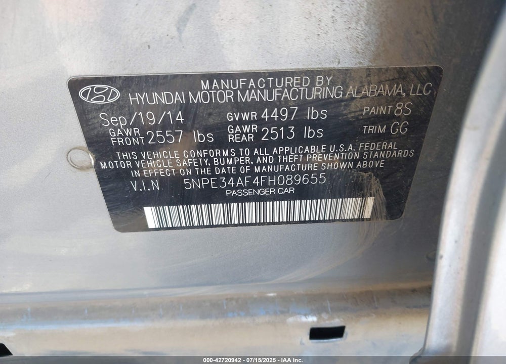 2015 HYUNDAI SONATA LIMITED VIN: 5NPE34AF4FH089655