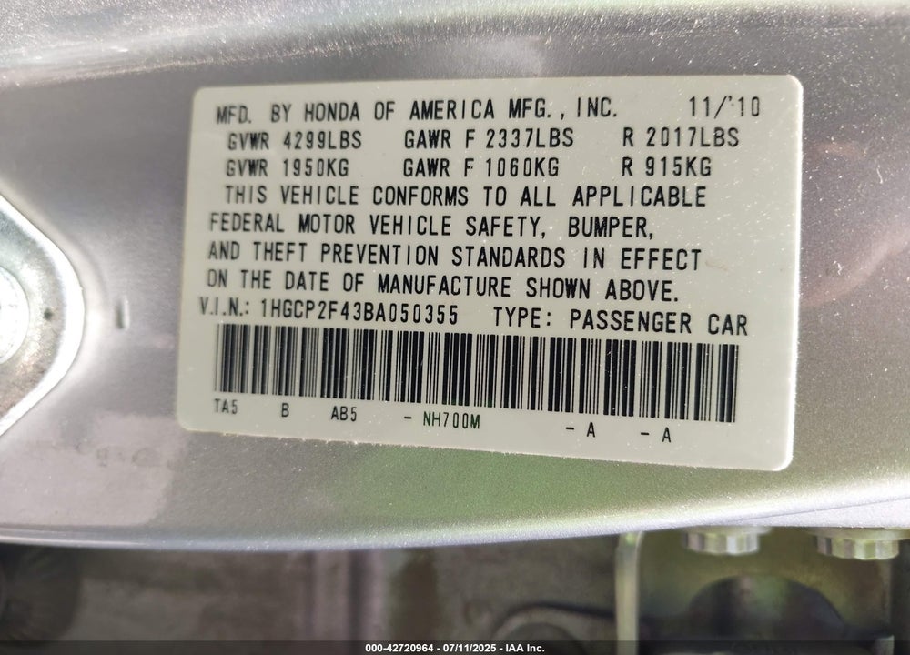 2011 HONDA ACCORD VIN: 1HGCP2F43BA050355
