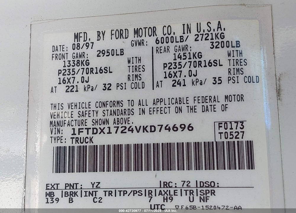 1997 FORD F-150 STANDARD/XL/XLT VIN: 1FTDX1724VKD74696