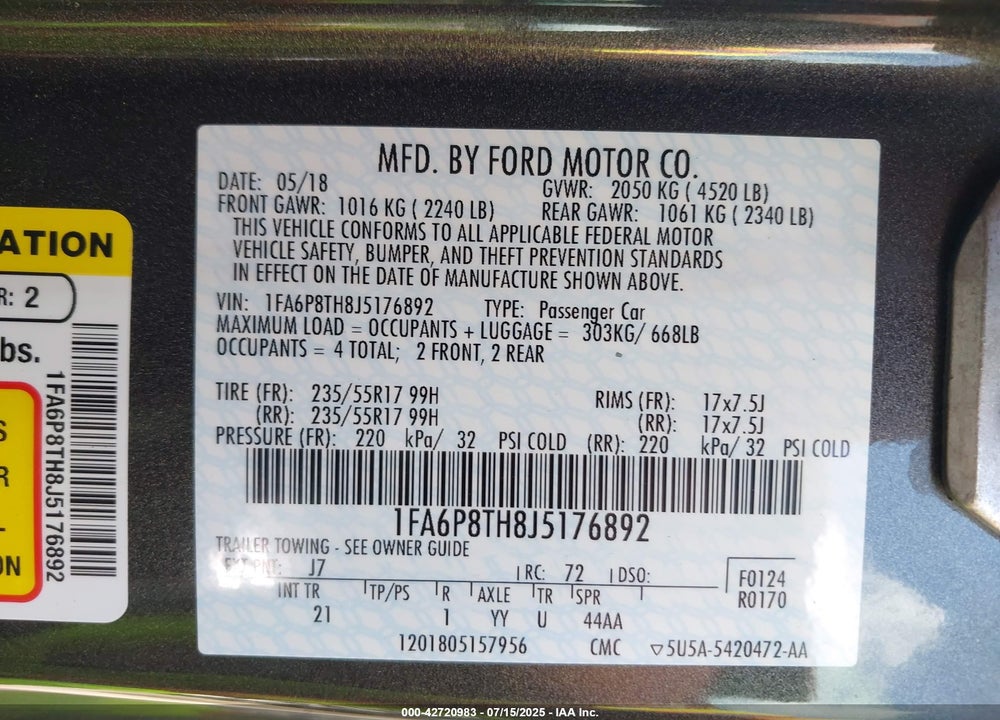 2018 FORD MUSTANG VIN: 1FA6P8TH8J5176892