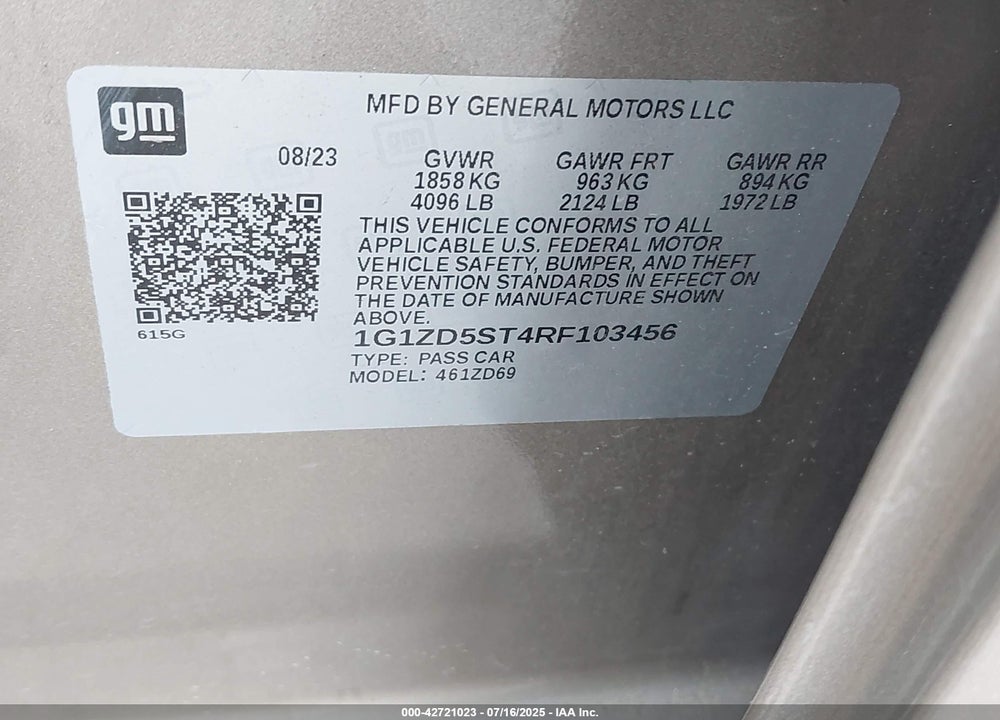 2024 CHEVROLET MALIBU FWD 1LT VIN: 1G1ZD5ST4RF103456