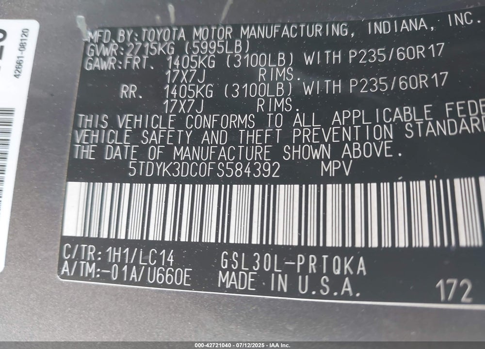 2015 TOYOTA SIENNA VIN: 5TDYK3DC0FS584392